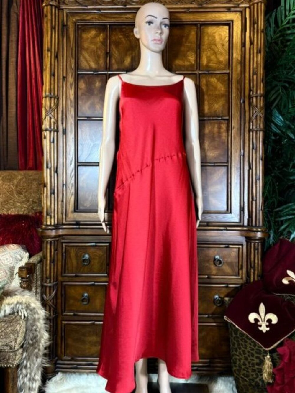 Express Red Satin Asymmetrical Seam Adjustable Strap Maxi Dress